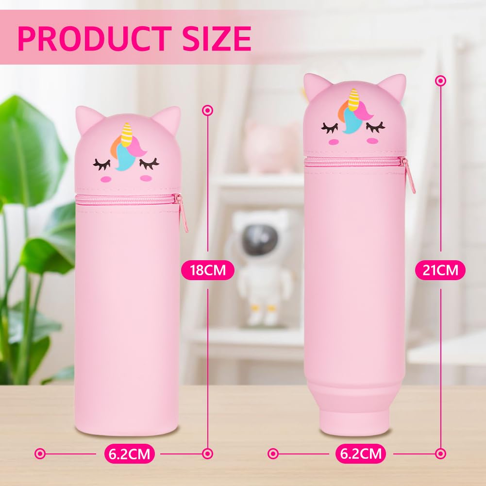 AMFUN Pink Unicorn 2 in 1 Soft Silicone Pencil Case, Stand Up Cup Holder for Kids Students, Adults - School and Office Animal Pouch - Image 2