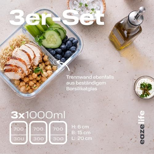 Eaze Life Meal Prep Box Szklane pojemniki na zapasy z pokrywką, 2 przegródki z hermetyczną przegrodą, nie zawiera BPA, odporne na wysokie temperatury, nadają się do mikrofalówki i zamrażarki, 3 szt