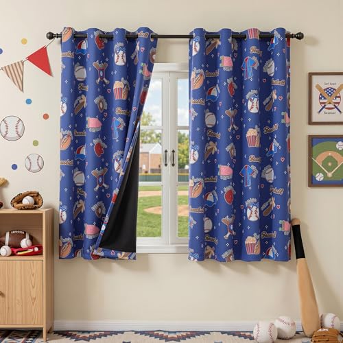 Image of MYSKY HOME 95% Blackout Curtains 63 Inch Length with Baseball Element Pattern Design Thermal Insulated Grommet Drapes for Kids Boys Bedroom Playroom Nursery, 2 Panels, Each Panel 52 inch W, Navy Blue