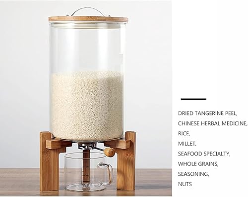 Miniatura 5 de Dispensador de arroz de 7.5 L, recipientes de almacenamiento de alimentos, dispensador de almacenamiento de cereales de vidrio con tapas de bambú