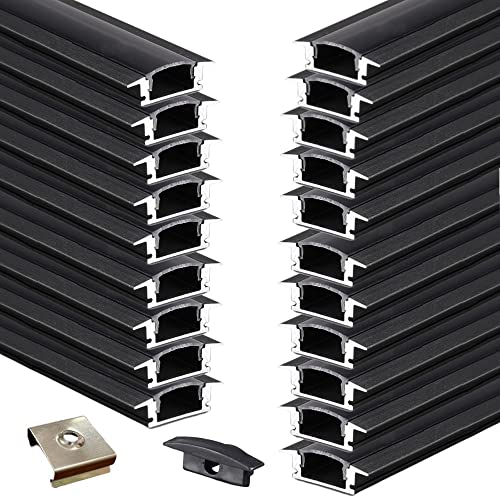 Difusor de canal LED de aluminio, riel anodizado negro mate para tiras de luces debajo del gabinete, perfil de estante flotante empotrado de 17 x 7 mm, diseño cóncavo