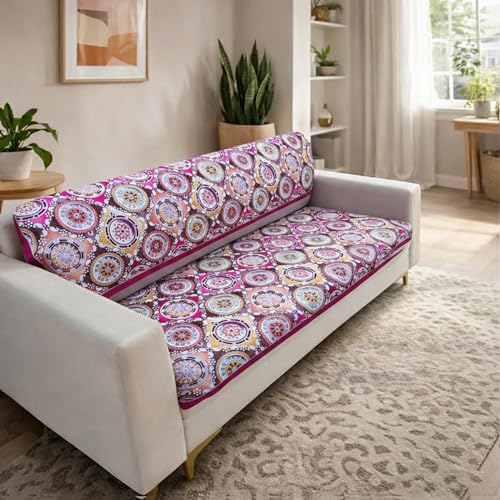 Image of Homerz Premium 5 (3+1+1) Seater Velvet Sofa Panel Cover with Digital Prints | Anti-Slip Backing (Pink Rangoli, 5 (3+1+1) Seater with Back)