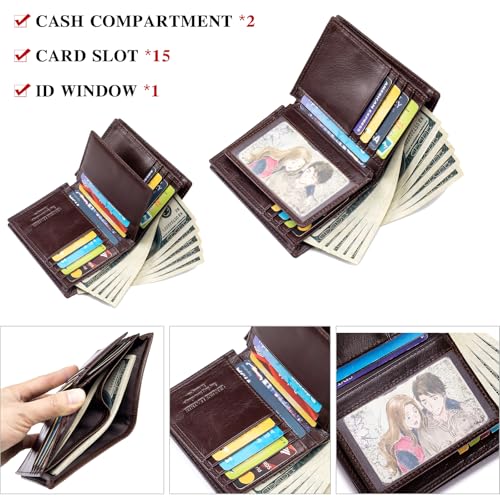 Large Capacity Mens Wallet Genuine Leather Rfid Blocking Bifold Wallet with Flap ID Window 2 Cash Compartments, Coffee4