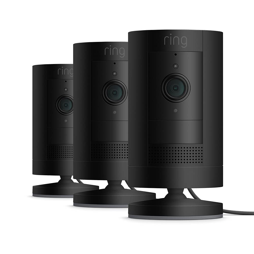 Ring Ring Outdoor Camera Plug-In (Stick Up Cam) | HD outdoor Security Camera with Two-Way Talk, Wifi, Works with Alexa | alternative to CCTV system | 30-day free trial of Ring Home | 3 Cameras