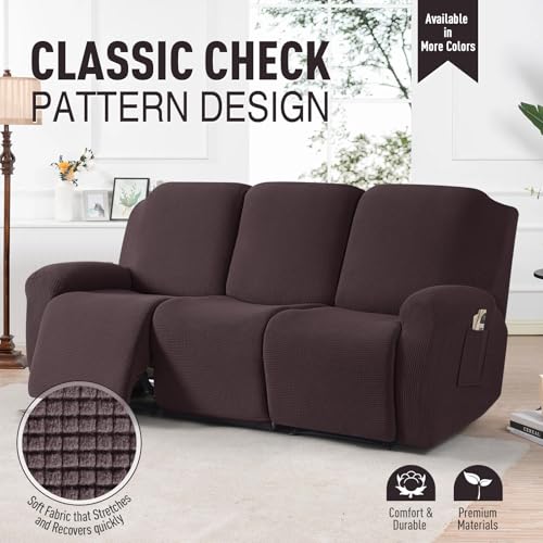 Image of TAOCOCO Recliner Couch Covers for 3 Seat, 8-Pieces Stretch Large Couch Covers for 3 Seats Reclining Slipcovers Soft Jacquard Pattern Furniture Protector, Chocolate