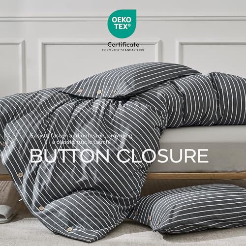 Image of JELLYMONI Cotton Duvet Cover Queen Size - Gray Pinstriped Comforter Cover with Button 100% Washed Cotton 3PCS Breathable Soft Solid Bedding Set Duvet Cover 90x90in & 2 Pillowcases (NO Comforter)