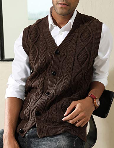 Image of PJ PAUL JONES Mens Cable Knit V Neck Sweater Vest Button Up | Sleeveless, Cardigan Sweater Vests with Pockets, Button Down, Knitted, Patterned, Regular Fit, Vintage, Retro, Dress, Casual