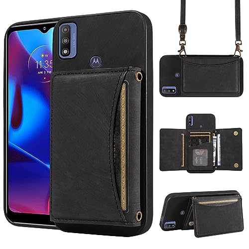 Phone Case for Motorola Moto G Power 2022/MotoG Play 2023/G Pure 2021 Wallet Cover with Crossbody Shoulder Strap and Leather Credit Card Holder Pocket Slim XT2165DL XT2163DL XT2165-5 XT2271-5 Black