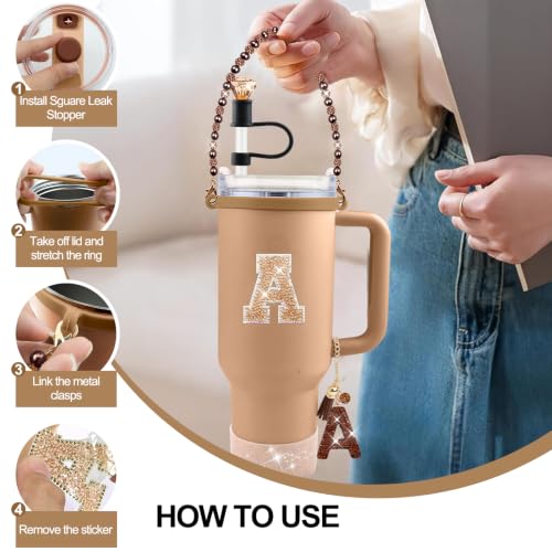 Hpebl 8PCS Brown for Stanley Cup Accessories 30/40 OZ Bling Rhinestones Initials Charms for Stanley Decorations Tumbler Accessories Set Including Diamond Straw Topper, Silicone Tumbler Boot(Letter T) - image 5