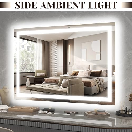 Image of ROLOVE 31 inch x 22 inch Large Lighted Vanity Mirror with Lights, Dimmable 3 Modes, LED Makeup Mirror for Bathroom ＆ Dressing Room, Tabletop or Wall-Mounted, 10X Magnification, White
