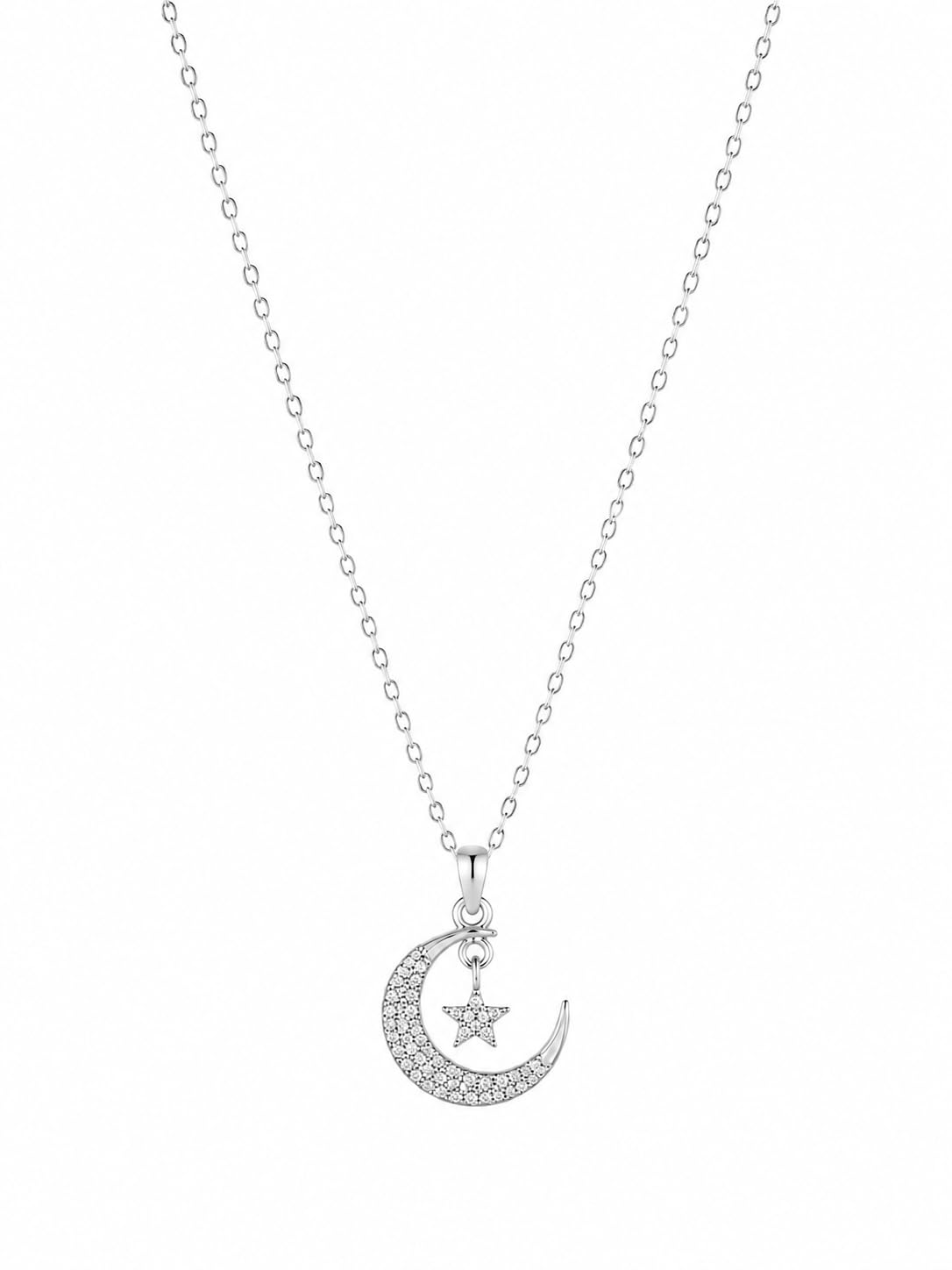 Silver Sparkling Crescent Moon and Star Pendant Necklace-image-14