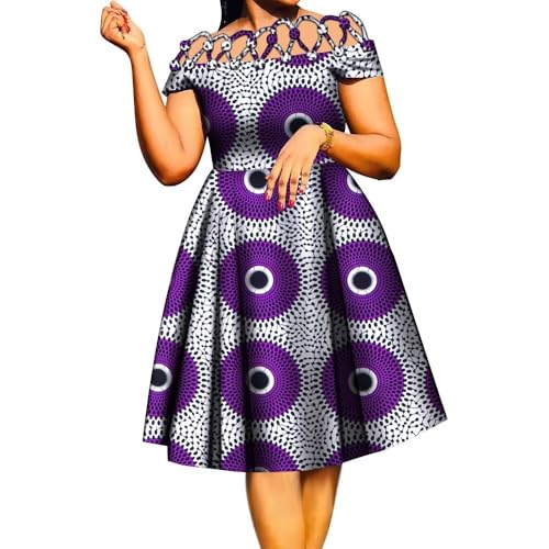 Image of XIAOHUAGUA African Dresses for Women Cotton Cutout Neck Short Sleeve Ankara Dashiki Cocktail Party A-Line Flare Dress
