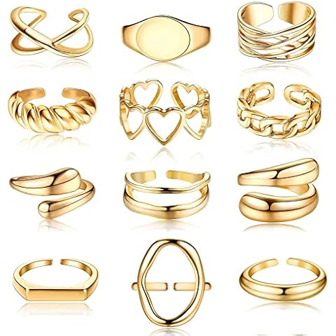 JeryWe 12PCS Gold Dome Chunky Rings for Women, 18K Gold Plated Croissant, Braided Twisted, Stacking Round Signet, Adjustable Open Styles 1 Cover