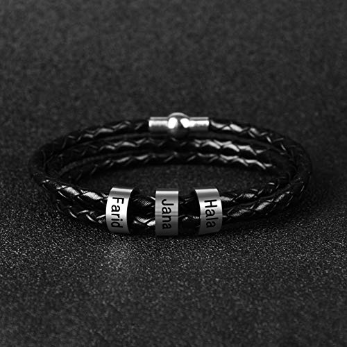 SOULSIS Men's Black Braid Leather Bracelet with Names Engraved in Custom Beads4