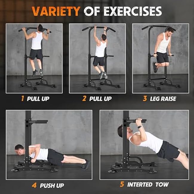 Power Tower Pull Up Bar and Dip Station, Adjustable Height Dip Stand, Fitness Workout Station,Multi-Functional Strength Training machine for home gym,Space saving, suitable for men and women(up to 400 LBS)