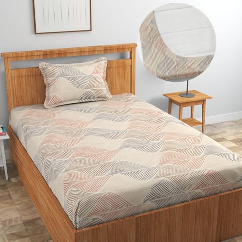 Image of Blue Strip Polycotton Fitted Bedsheet, Single 42x75 (Beige) | 300 TC | All-Round Elastic Grip | Soft, Breathable & Colourfast | Wrinkle Resistant | Machine Washable
