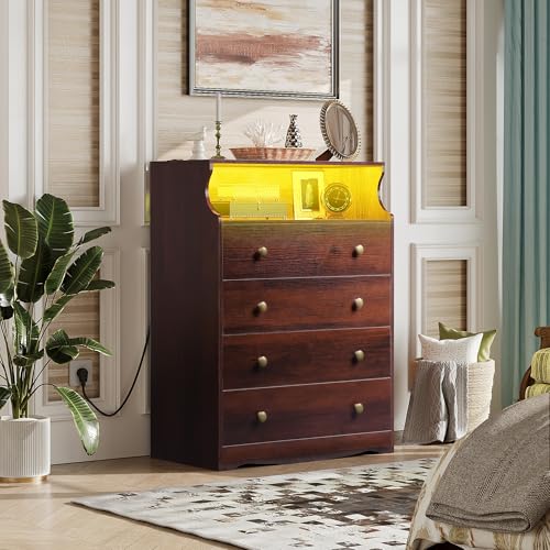 WLIVE LED Dresser for Bedroom, Tall Wood Dresser with 4 Drawers and Open Shelf, Chest of Drawers with Charging Station and LED Lights for Living Room, Hallway, Closet, Rustic Brown