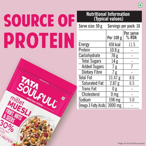 Image of Tata Soulfull Fruit Nuts & Seeds Millet Muesli, 500g, Source of Protein, Rich in Fibre, 30% Fruit, Nut & Seeds, Contains Ragi & Jowar, Contains Almonds, Flax Seeds, Chia Seeds, Pumpkin Seeds