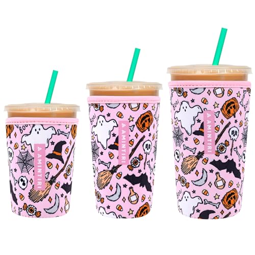 3 Pack Reusable Neoprene Sleeve for Iced & Hot Drinks, Compatible with Starbucks, Dunkin' Coffee Cup. (Happy Halloween)