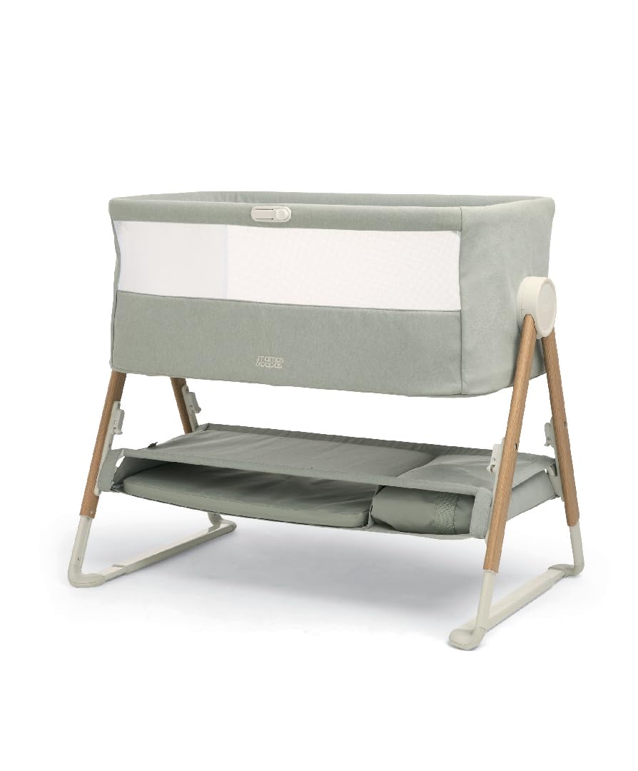 Mamas & Papas Lua Bedside Crib, Removable Bassinet, Drop-down Sides, includes Mattress, 0-6 Months, Sage