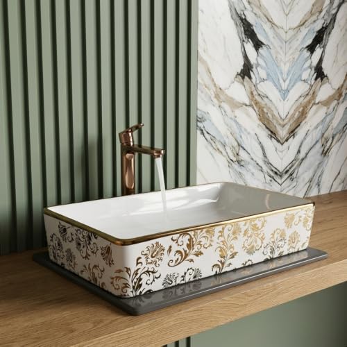 Image of Luxurious Golden Table Top for Bathroom /Ceramic Bathroom Wash Basin /Countertop Wash Basin /Vessel Sink (24x14 Inch)