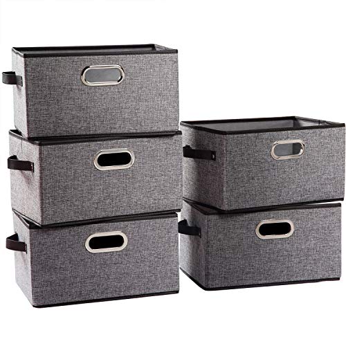 Prandom Lot de 5 grands paniers de rangement pliables pour étagères en tissu de lin décoratif avec poignées en cuir/métal pour placard, crèche, bureau, gris et bordure noire (35 x 24 x 21 cm) Cover