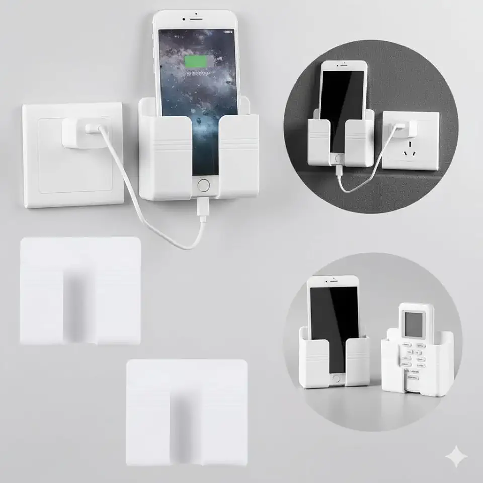 Kit 2 Suportes de Parede para Celular e Controle Remoto – Auto Adesivo, Sem Furos, Organizador Prático para Tomada e Mesa