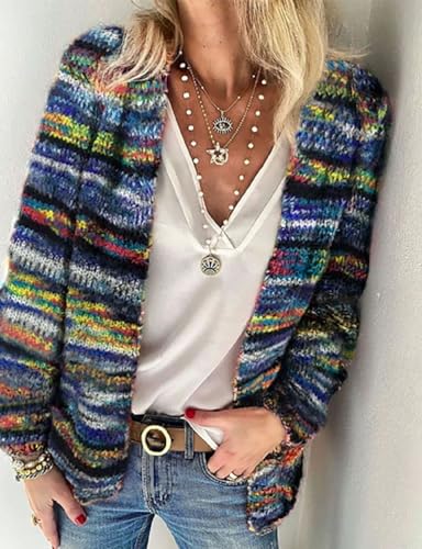 Mywinway Striped Cardigan Sweaters for Women Fall Open Front Long Sleeve Knit Colorful Multicolored Sweater Top Outerwear2