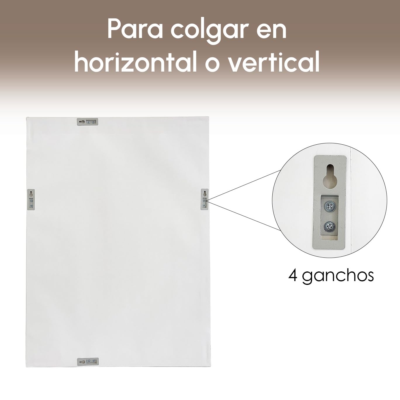 Espejo de pared rectangular con marco blanco con vetas de madera de 76x56cm | Espejo con marco de 35 mm de ancho. Ideal para dormitorio o recibidor. Preparado para colgar en horizontal o vertical