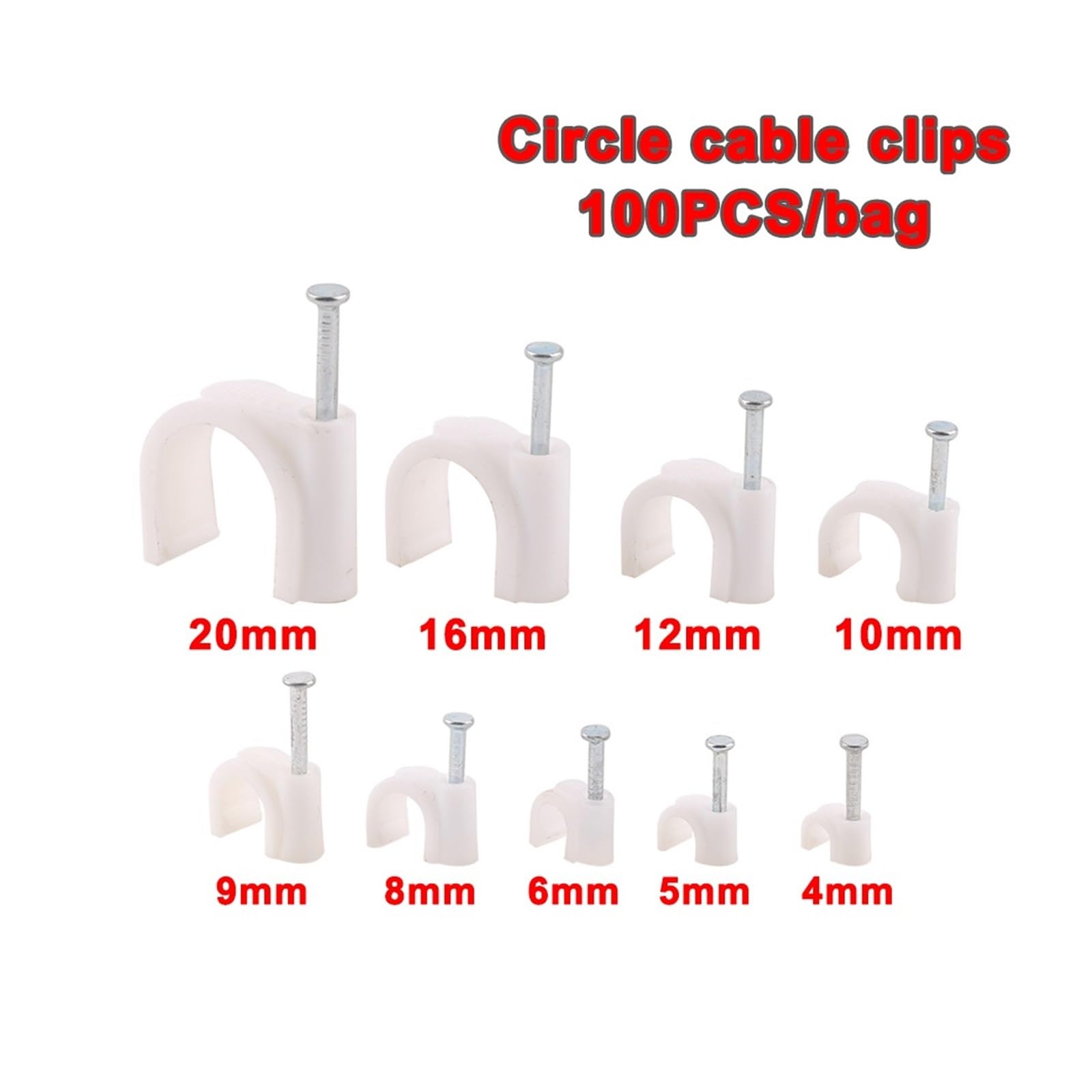 Clavos en clips for cables, 100 unidades, 4 mm, 5, 6, 8, 10, 12, 16, de alambre for gestión(12mm)