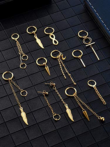 Hicarer 12 Pieces Hoop Dangling Feather Earrings for Men Stainless Steel Hinged Pendant Earrings Male Long Chain2