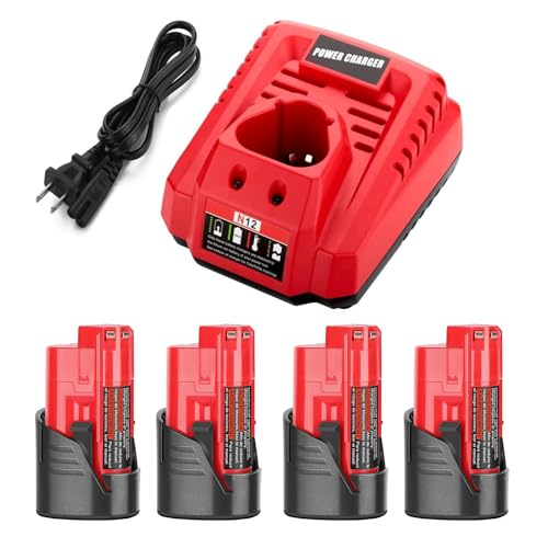 Image of Powilling 4Pack 12V N12 Battery + Charger Compatible with Milwaukee 12V Cordless Tools - 3500mAh 48-11-2450