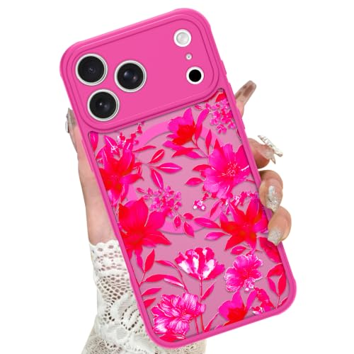 Image of KANGHAR Case for iPhone 17 Pro Max Floral Hot Pink | [Compatible with for Magsafe] Cute Blooming Flowers Protective Magnetic Case for Girls Women