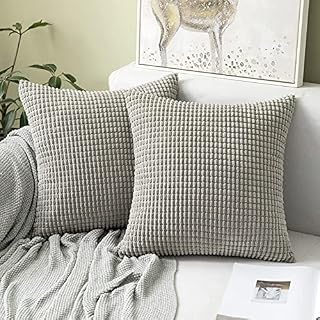MIULEE Set of 2 Decorative Corduroy Grey Cushion Covers 18x18 Inches, 45cm x 45cm Striped Solid Square Throw Pillow Cases for Sofa Couch Home Bedroom Silver