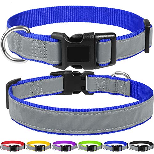 FunTags Reflective Dog Collar, Adjustable Nylon Dog Collars with Quick Safety Buckle for Large Dogs, Navy Blue L