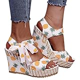 SuanlaTDS High Heels Pumps for Women, Women's Wedge Platform Sandal Lace Bow Pineapple Print Boho Cute Dress Sandal Summer Comfortable Open Toe Ankle Strap Shoes