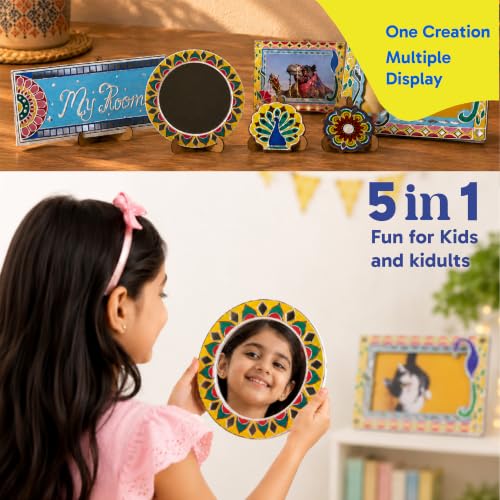 Image of Kores Lippan Art Kit for Kids | DIY Indian Art & Craft Kit | 5-in-1 Creative Kit with Photo Frame, Mirror, Name Plate & Fridge Magnets | Acrylic Colours, 3D Liner, Sequins, Brushes & Manual | Age 8-99