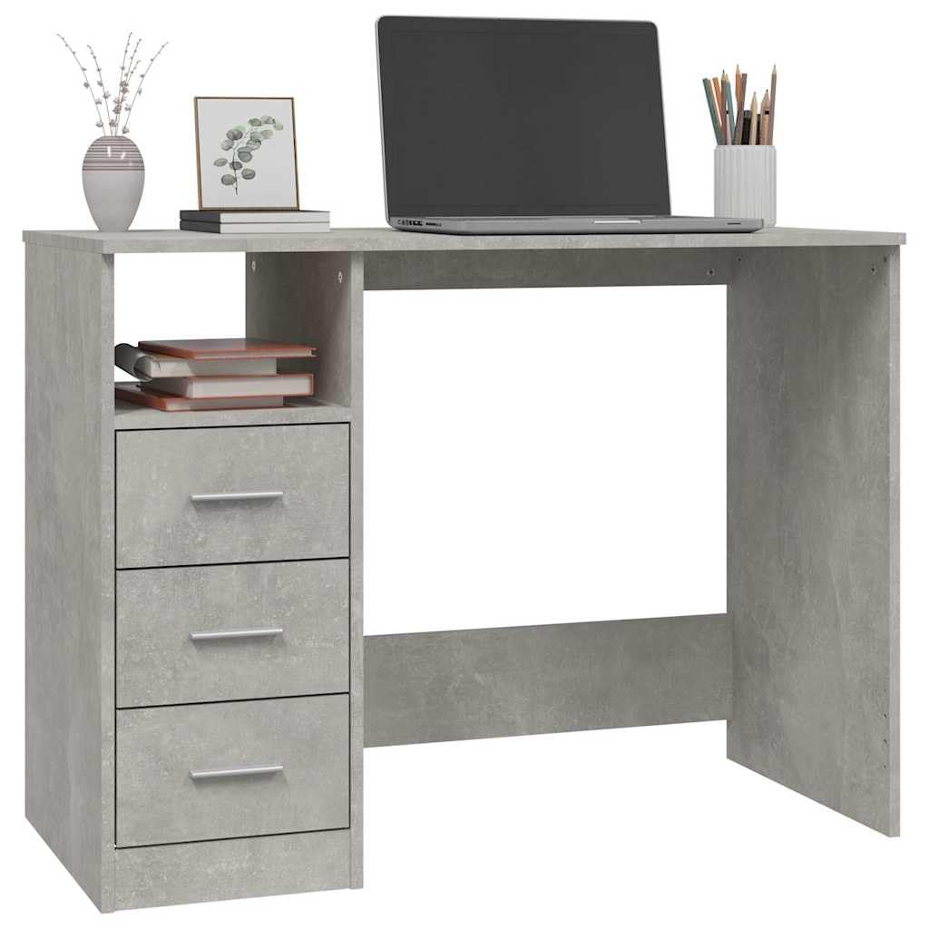 Scrivania con cassetti, in legno grigio cemento, 102 x 50 x 76 cm, per ufficio, computer, lavoro, PC, laptop, scaffale per segretario, ergonomica, salvaspazio, per casa e camera