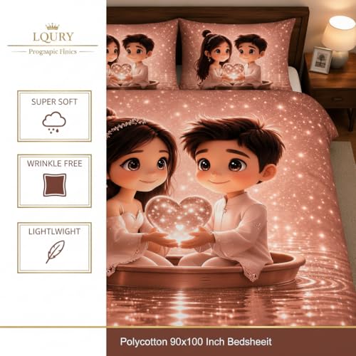 Image of Decor Well 7d Bedsheet for Double Bed King Size with 2 Pillow Covers, Polycotton 220 TC Super Soft & Breathable, Wrinkle Free New Peach Heart Printed Bedsheet Set (90x100 Inch)