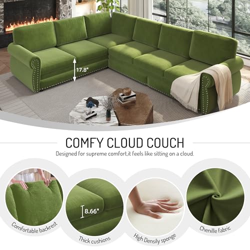 Image of KCGKCG 118 inch Sleeper Sofa Bed, Sectional Couches for Living Room /Apartment, Chenille L Shaped Couch with Pull Out Couch Bed, Convertible Sectional Sofa with Rolled Arm & Nailhead Trim, Light Green