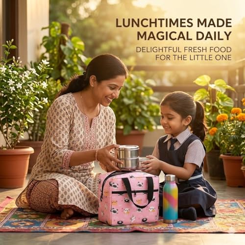 Image of Toy Imagine 5.6L Insulated Lunch Bag for Kids School Cute Cartoon Print Tiffin Bag Snack Tote Bag Compact Portable Leak Proof Tiffin Pouch Hot and Cold Lunch Box Bag for Boys & Girls(Cat Design Pink)