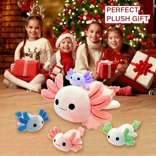 Image of Axolotl Plush，Cute Axolotl Mommy Stuffed Animal with 4 Baby Axolotl Plushies in Tummy，Kawaii Axolotl Plush Toy Gift for Kids Girls Boys