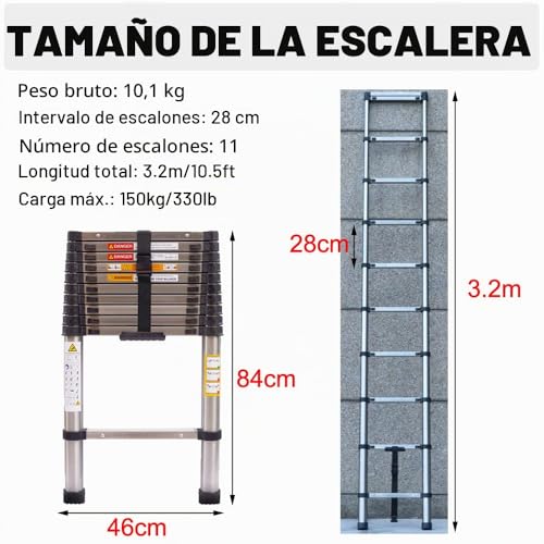 Miniatura 2 de Escalera Telescópica De 3,2 M, De Acero Inoxidable, Antideslizante, Con 11 Peldaños, Portátil Para Exterior E Interior, Capacidad De Carga De 150 Kg
