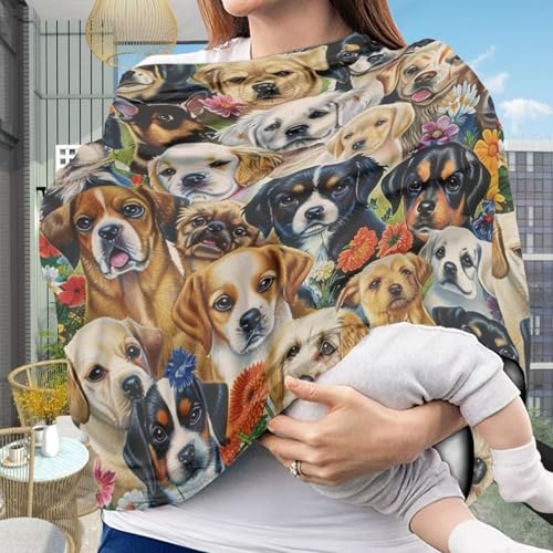 Image of Youngerbaby Dog Baby Car Seat Covers Nursing Cover Breastfeeding Soft Infant Carseat Canopy,Stretchy Breathable Cover for Stroller High Chair Shopping Cart Canopies