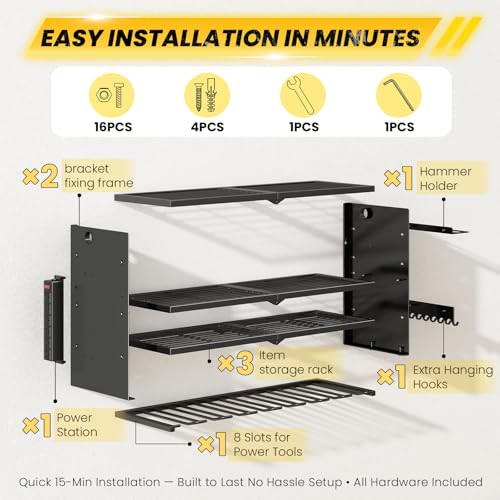 Image of Hipidian Adjustable Power Tool Organizer Wall Mount with Charging Station - 650lb Capacity 4 Layer Heavy Duty Storage Rack with 8 Drill Holders for Garage Workshop Tools, Gifts for Men