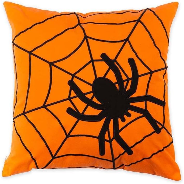 Plow & Hearth Indoor/Outdoor Cotton Halloween Spider Web Throw Pillow, Bold Design with Embroidered Details, Accent Pillows, Removable Washable Covers, 18" sq.