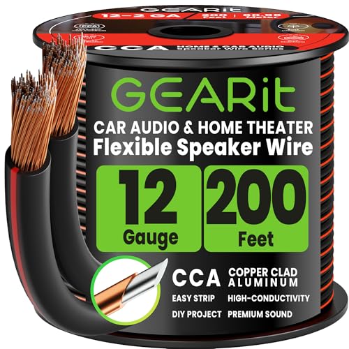 GEARit Speaker Wire 12 Gauge Black 200 ft,Speaker Cable with Foot Markers & Polarity Markings,12 Gauge Wire for Car Audio & Home Theater Speakers,Audio Cable for DIY Installations,CCA