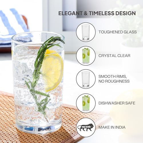 Image of CELLO Liberty Hi-Ball Glass Set of 6 Pcs 280ml, Transparent | Freezer & Fridge Safe, Leadfree Dishwasher Safe Toughened Crystal Clear Glasses Set for Drinking Water Juice Milk Cocktail Mocktail Soda