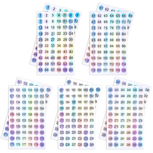 Molain 1-300 autocollants numérotés, 10 feuilles d'étiquettes imperméables réfléchissantes au laser numérotées pour le stockage/organisation