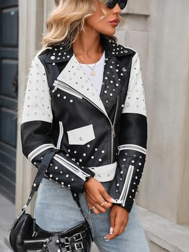 LY VAREY LIN Women's Faux Leather Rivet Studded Jacket Moto PU Short Jacket Punk Fashion Coat4